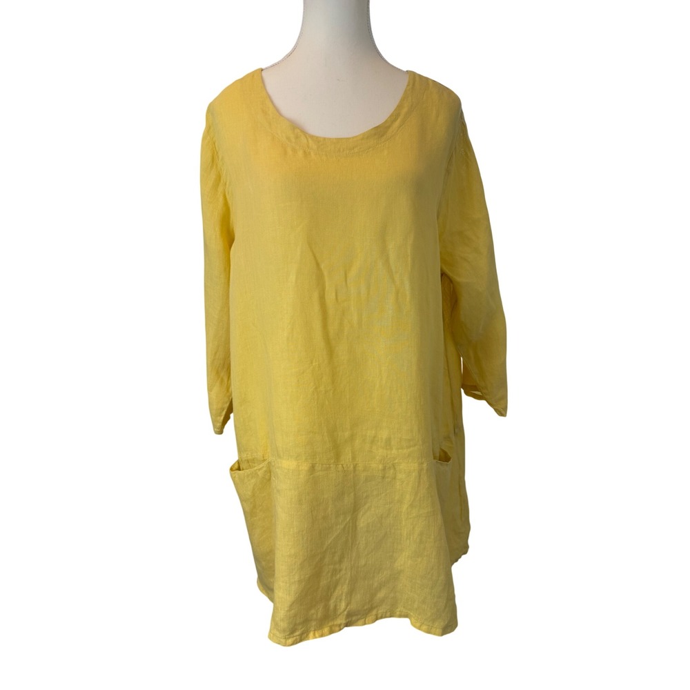 Match Point USA Yellow 100% Linen Lagenlook Tunic Top Pockets Large